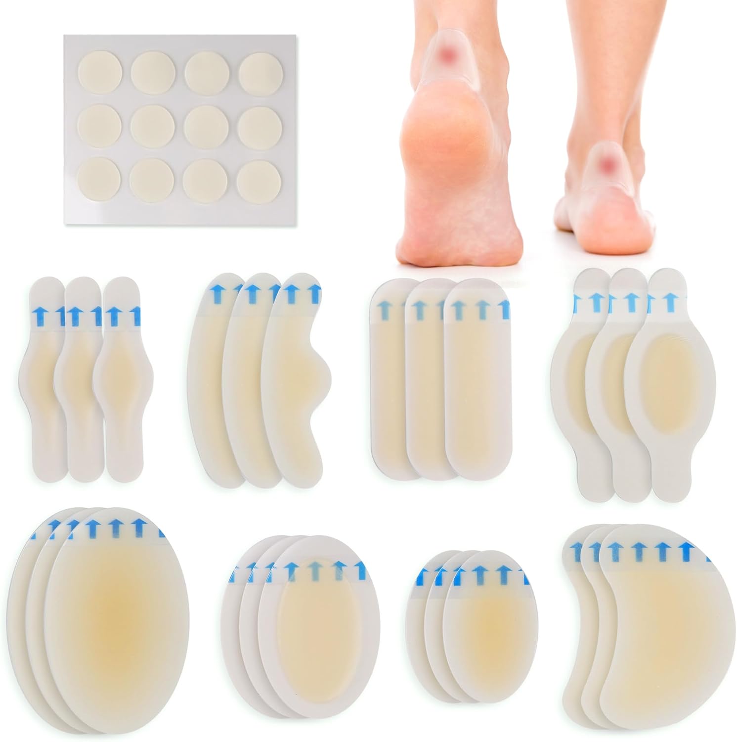 Hydrocolloid Bandages, 15 Blister Bandage and 12 Acne Patches, Waterproof Blister Pads for Feet Toes Fingers, Heels Blister Prevention Cushions, 4 Size, Sterile, Travel Essentials