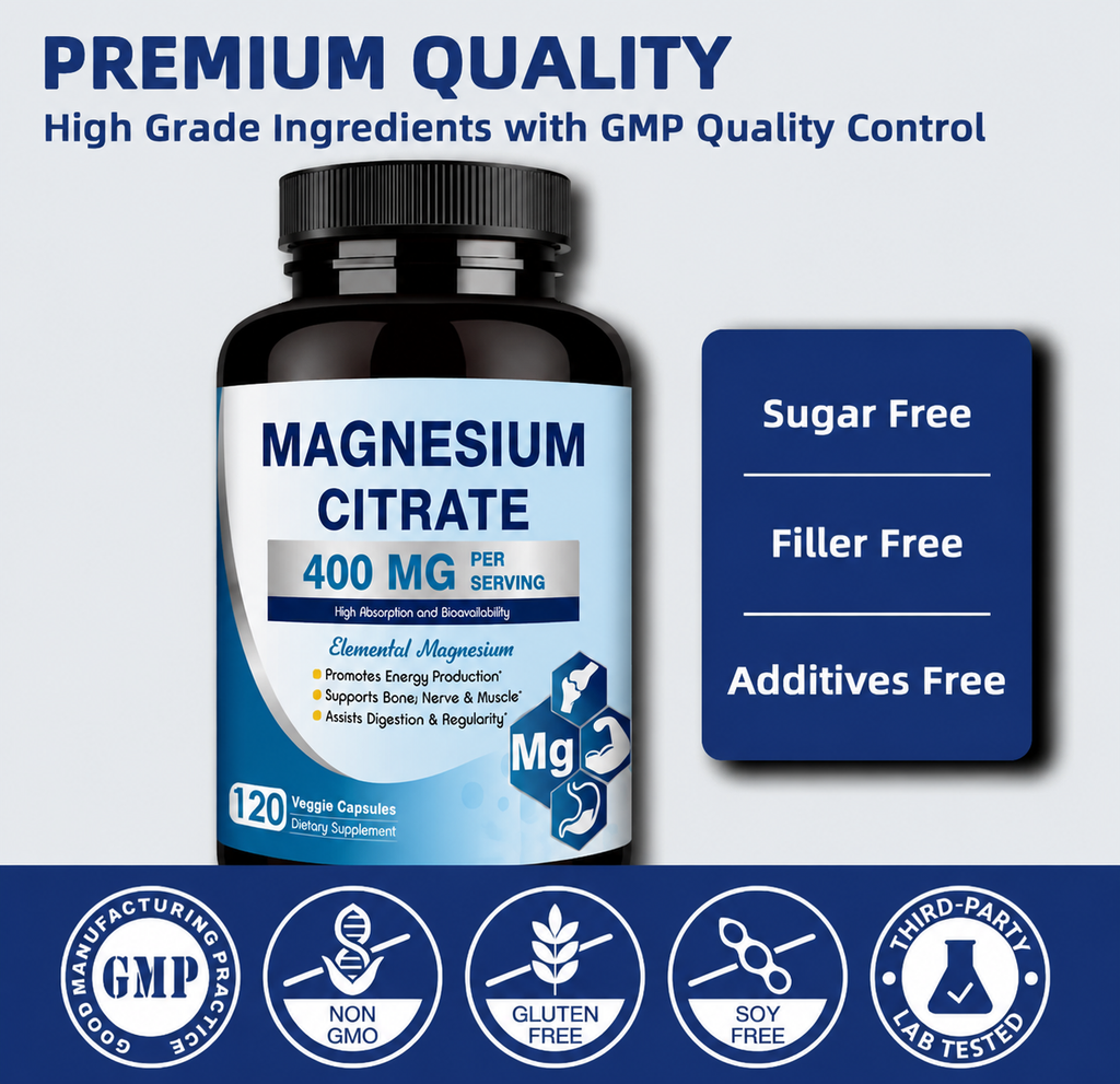 Magnesium Citrate 400mg Capsules - Pure Magnesium Daily Wellness Supplement