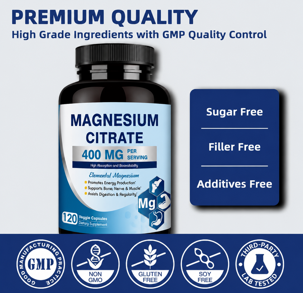 Magnesium Citrate 400mg Capsules - Pure Magnesium Daily Wellness Supplement