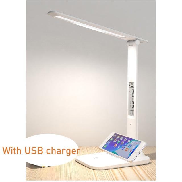 LED Reading Desk Lamp Eye-Care Study Dimming Color Mixing Rechargeable USB Charged Battery Table Light Day Clock Thermometer Decorative Table Lamp Cute Study Lamps for Bedroom Décor